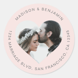 Heart Shape Photo Wedding Return Address Pink Classic Round Sticker