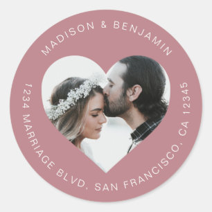 Heart Shape Photo Wedding Return Address Purple Classic Round Sticker
