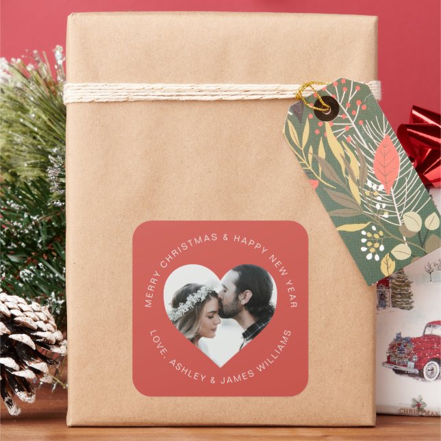 Heart Shape Photo Wedding Warm Red Christmas Square Sticker (Holiday)