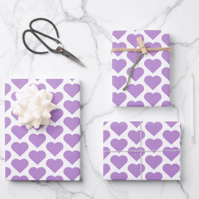 Heart Shape Plaid Pink Purple Wrapping Paper Sheet (Front)
