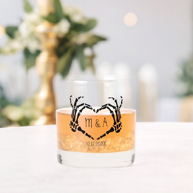 Heart Shape Skeleton Hands Personalised Wedding Whiskey Glass (Insitu (Wedding))