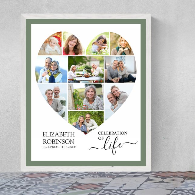 Heart Shaped 11 Photo Collage Celebration of Life Poster (Funeral memorial poster to order professionally printed or as a printable digital download)