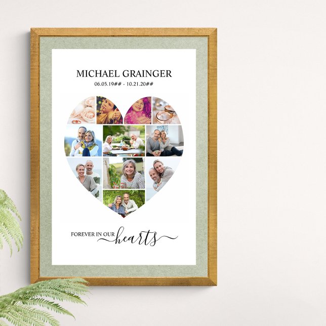 Heart Shaped 11 Photo Collage Memorial Funeral Poster (Funeral memorial poster to order professionally printed or as a printable digital download)