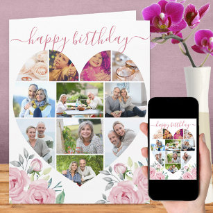 Heart Shaped 11 Photo Collage Pink Peony Birthday Card