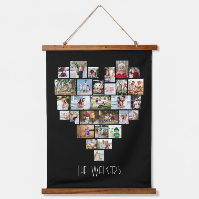 Heart Shaped 29 Photo Collage Family Name Black Hanging Tapestry (Front)