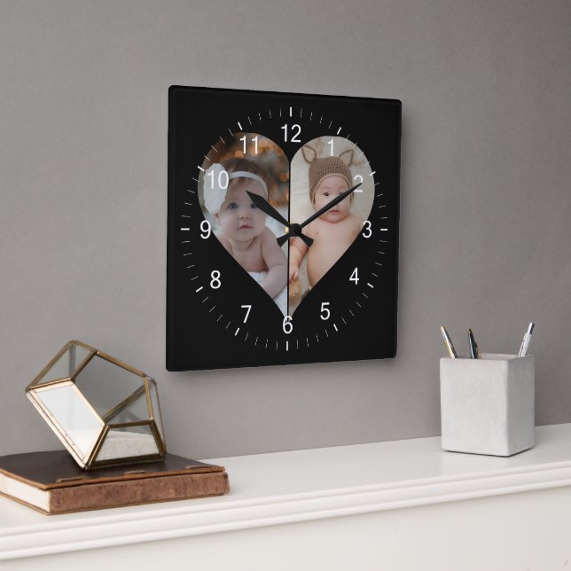 Heart Shaped 2 Photo Collage Square Wall Clock (Office)