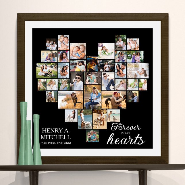Heart Shaped 36 Photo Collage Funeral Square  Poster (Funeral memorial poster to order professionally printed or as a printable digital download)
