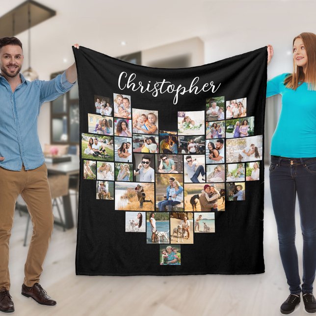 Heart Shaped 36 Photo Collage Script Name Black Fleece Blanket (Creator Uploaded)