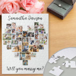 Heart Shaped 36 Photo Collage Will You Marry Me Jigsaw Puzzle<br><div class="desc">Heart Shaped photo collage jigsaw with 36 of your favourite photos. Your partner's name and "Will You Marry Me?" is lettered in handwritten script and the photo template is set up to automatically display your photos in a heart shape. The collage uses vertical, square and landscape photos. If you have...</div>