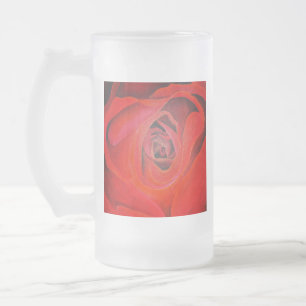 Heart Shaped Artistic Red Rose Frosted Glass Beer Mug