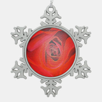 Heart Shaped Artistic Red Rose Snowflake Pewter Christmas Ornament
