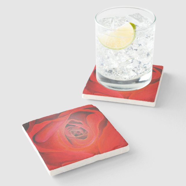 Heart Shaped Artistic Red Rose Stone Coaster (Side)