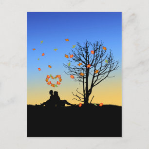 Heart-Shaped Autumn Leaves Couple Postcard