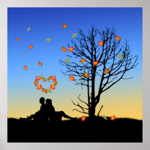 Heart-Shaped Autumn Leaves Couple Poster