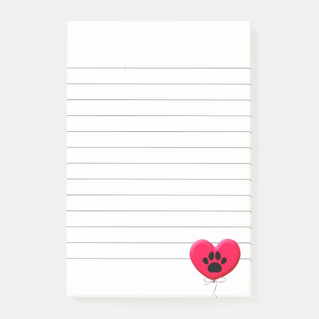 Heart Shaped Balloon With Dog Paw Print Lined Post-it Notes (Front)