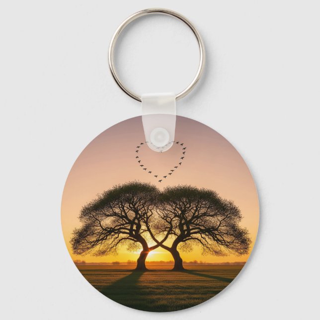 Heart-Shaped Bird Flock at Sunset – Romantic Key Ring (Front)