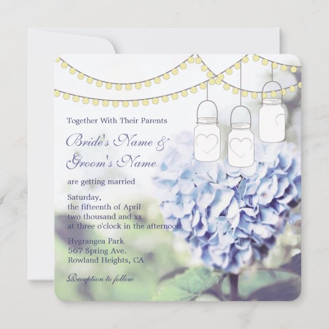 Heart-shaped Blue Hydrangea Mason Jar Wedding Invitation (Front)
