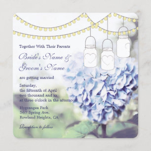 Heart-shaped Blue Hydrangea Mason Jar Wedding Invitation