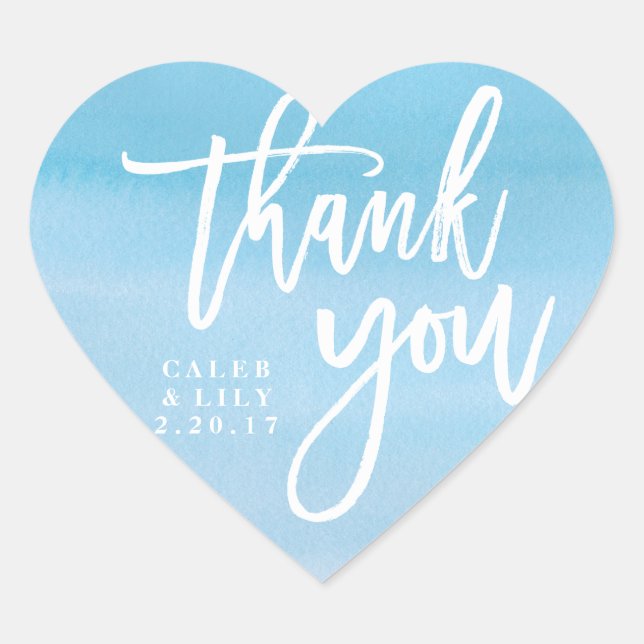 Heart shaped blue watercolor Thank You sticker (Front)
