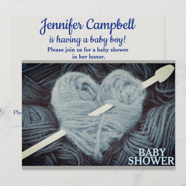 heart-shaped blue yarn baby boy shower invitation (Front/Back)