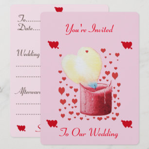 heart shaped buring flame pink and red wedding invitation