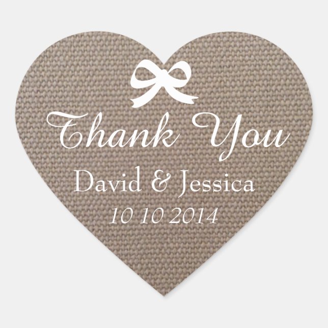 Heart shaped burlap bow wedding thank you stickers (Front)