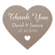 Heart shaped burlap wedding thank you stickers