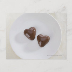 Heart shaped chocolate candies on a plate postcard