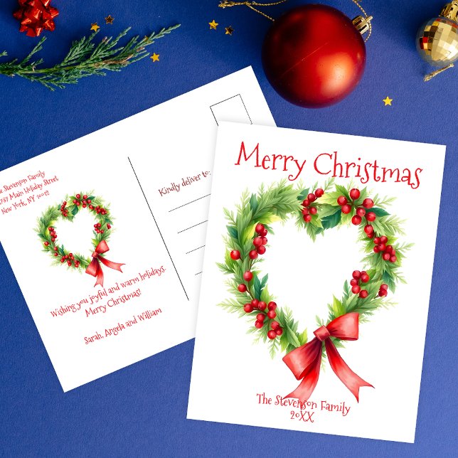 Heart-Shaped Christmas Wreath with Red Bow Holiday Postcard (Creator Uploaded)