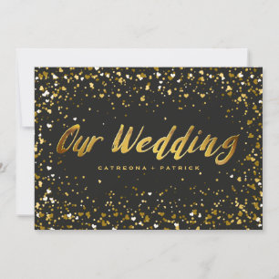 Heart-Shaped Confetti Black Gold Wedding Invitation