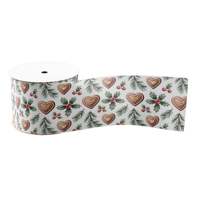 Heart Shaped Cookies Christmas Holiday Pattern Grosgrain Ribbon (Spool)