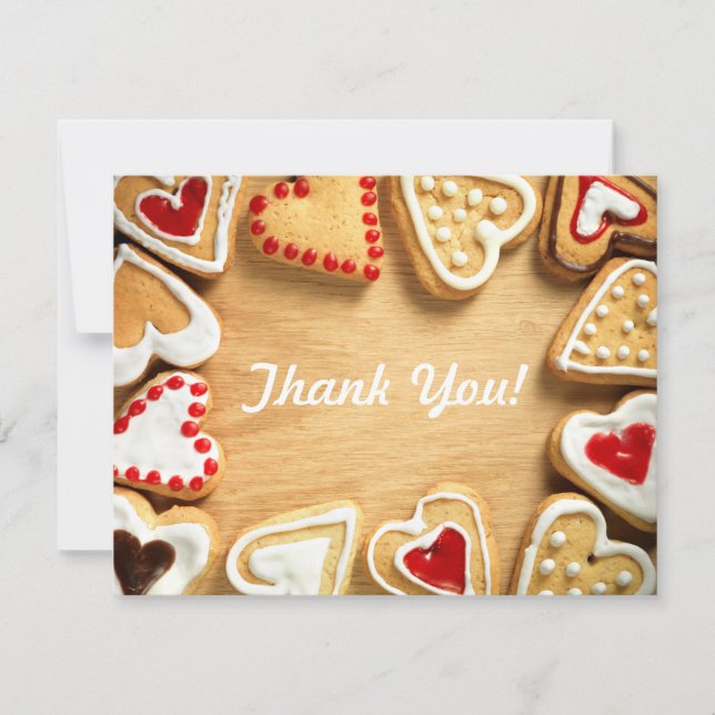 Heart Shaped Cookies on Wood Flat Thank You Card (Front)
