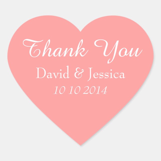 Heart shaped coral pink wedding thank you stickers (Front)