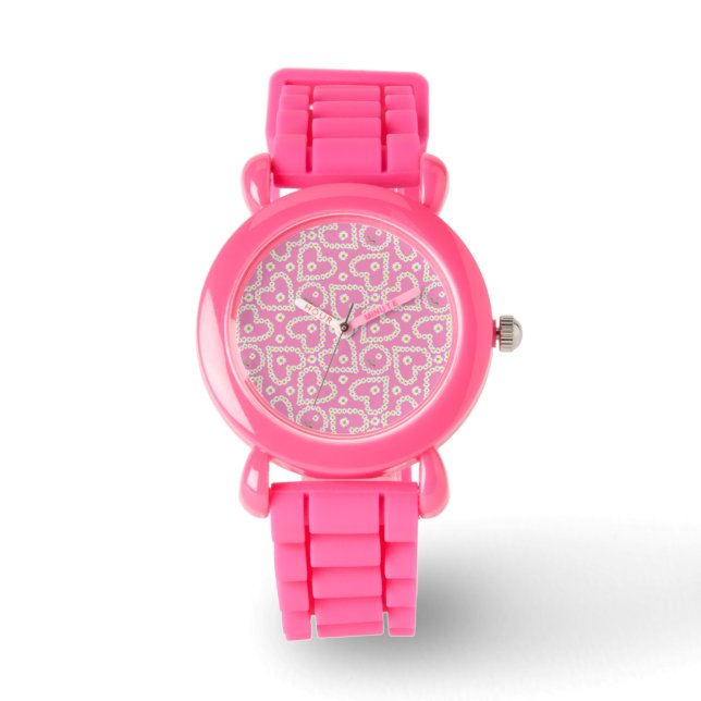 Heart-shaped Daisy Chains, Pink Kids Glitter Watch (Front)