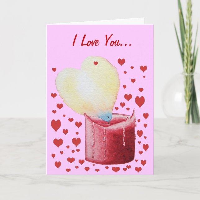 heart shaped flame burning red candle love holiday card (Front)