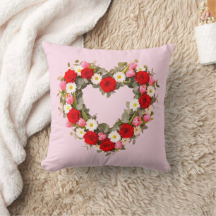 Heart Shaped Floral Wreath Roses Daisies Tulips Cushion