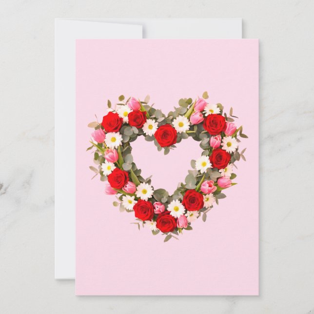 Heart Shaped Floral Wreath Roses Daisies Tulips Holiday Card (Front)