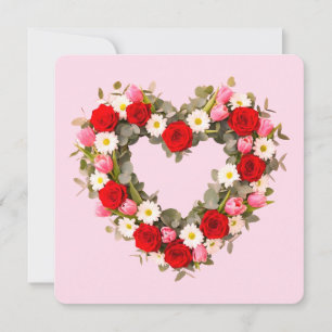 Heart Shaped Floral Wreath Roses Daisies Tulips Holiday Card