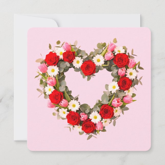 Heart Shaped Floral Wreath Roses Daisies Tulips Holiday Card (Front)