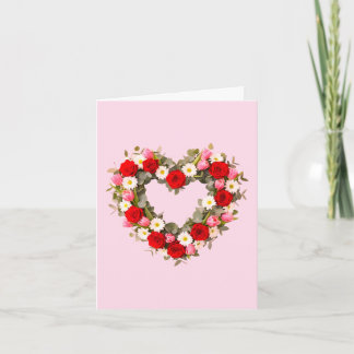 Heart Shaped Floral Wreath Roses Daisies Tulips Holiday Card