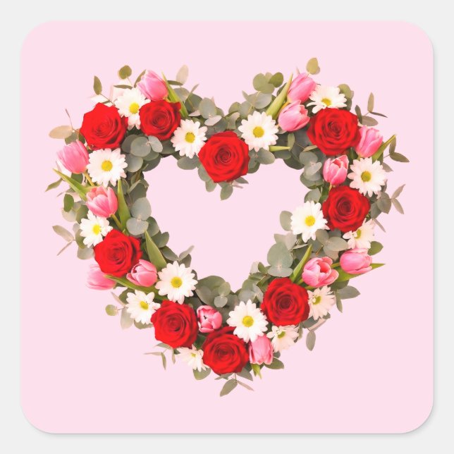 Heart Shaped Floral Wreath Roses Daisies Tulips Square Sticker (Front)