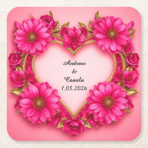 Heart-Shaped Flower Frame with Pink Blossoms Square Paper Coaster