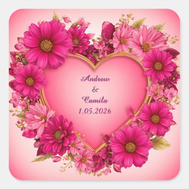 Heart-Shaped Flower Frame with Pink Blossoms Square Sticker (Front)