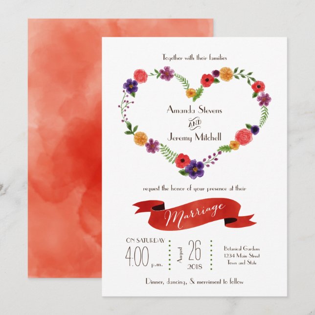 Heart-Shaped Flower Wreath Rustic Wedding Invitation (Front/Back)