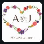 Heart-Shaped Flower Wreath Rustic Wedding Square Sticker<br><div class="desc">Watercolor flowers arranged in a heart-shaped wreath make this rustic wedding invitation suite a standout choice. A ribbon banner and a water colour wash background at the back adds a handmade yet elegant touch. This set is perfect for spring and summer weddings. Colours can be customised to suit your motif,...</div>