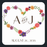 Heart-Shaped Flower Wreath Rustic Wedding Square Sticker<br><div class="desc">Watercolor flowers arranged in a heart-shaped wreath make this rustic wedding invitation suite a standout choice. A ribbon banner and a water colour wash background at the back adds a handmade yet elegant touch. This set is perfect for spring and summer weddings. Colours can be customised to suit your motif,...</div>