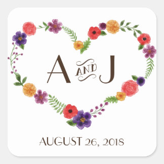 Heart-Shaped Flower Wreath Rustic Wedding Square Sticker