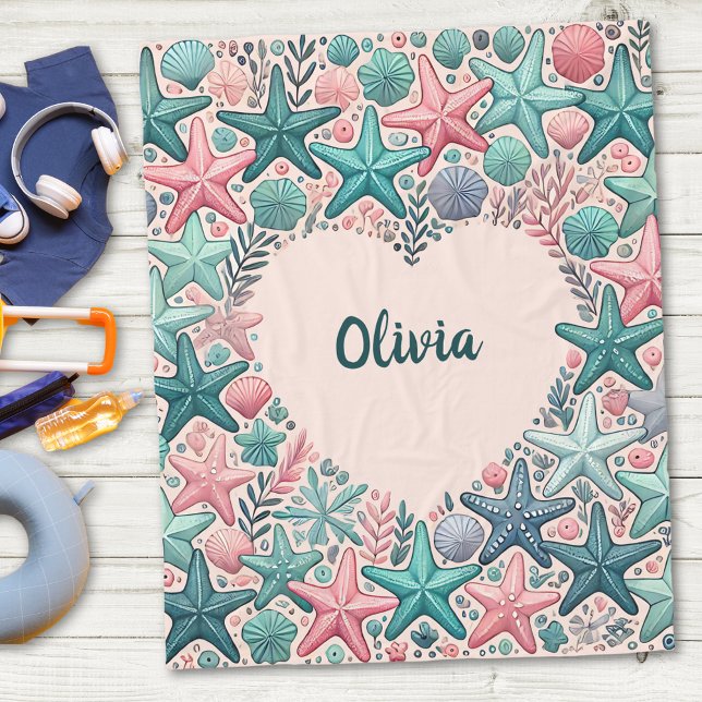  Heart-Shaped Frame with Colourful Starfish  Fleece Blanket (Creator Uploaded)