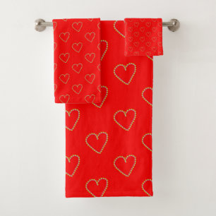 Heart shaped hearts on red bath towel set