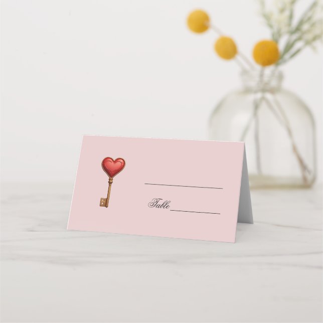 Heart shaped key pink wedding place card (Front)